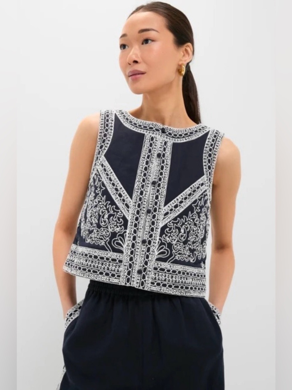 NWT Tuckernuck Embroidered Sleeveless Top Navy White Cotton Linen Size XXXL FLAW